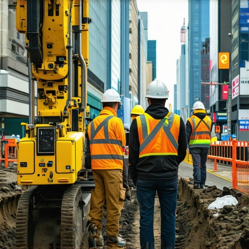 Construction workers using advanced sensors and mapping tools in trenching site