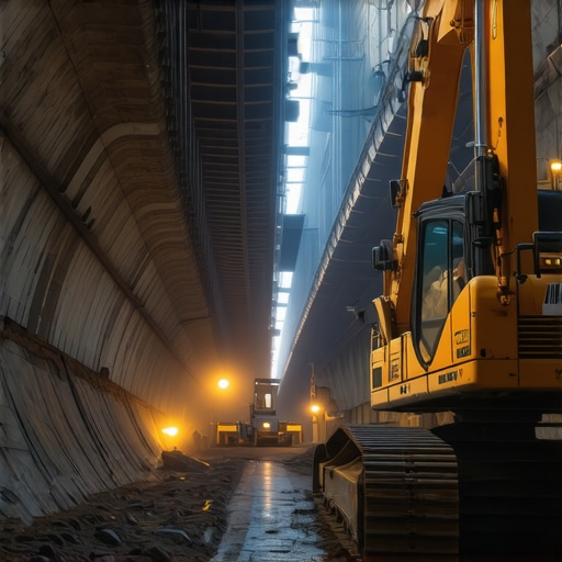 Futuristic construction site with AI machinery and geotechnical sensors