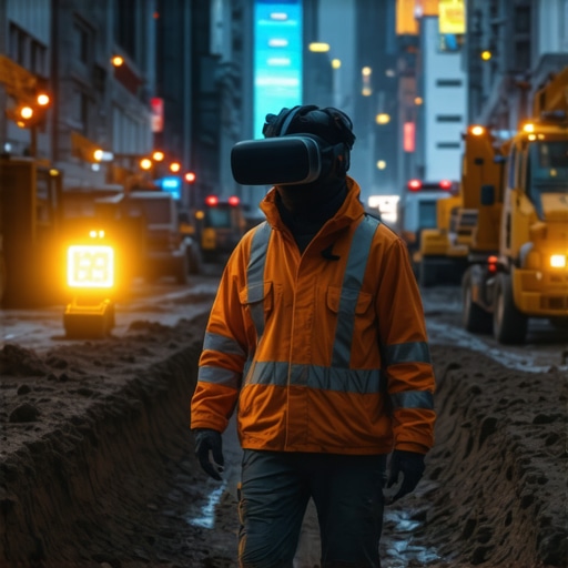 High-tech construction site with AR and VR tools used for underground trenching in urban environment