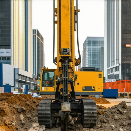 City construction site with autonomous drill rig and AI sensors