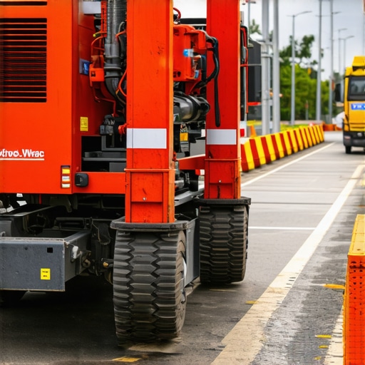 Modern borehole drilling rig with AI sensors in urban environment