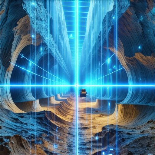 High-tech underground excavation scene with autonomous robots and digital mapping