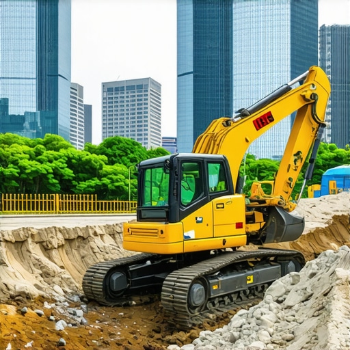Eco-Friendly Urban Trenching Machinery in Action An environmentally conscious trenching operation amidst city infrastructure, showcasing green technology.