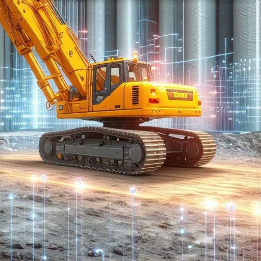 Advanced robotic excavator operating with AI guidance amidst underground utilities with data analytics overlay