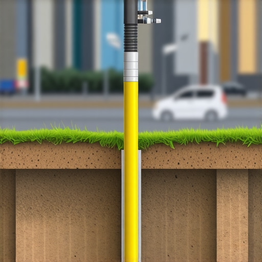 Close-up of a borehole equipped with sensors analyzing soil conditions in a cityscape.