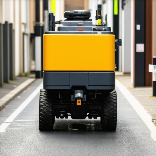 A small, mobile hydrovac unit working in a crowded city alley, featuring remote navigation and ground-penetrating radar equipment.