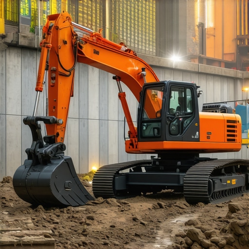 Robotic excavation equipment with augmented reality confirmation overlays at a construction site.