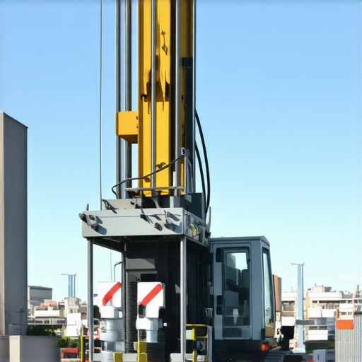 Modern borehole drill with sensors operating beneath city streets in daylight.