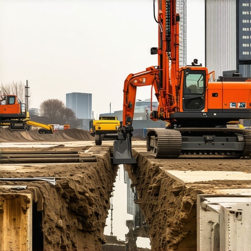 Construction workers operating trenchless drilling machinery underground in city street