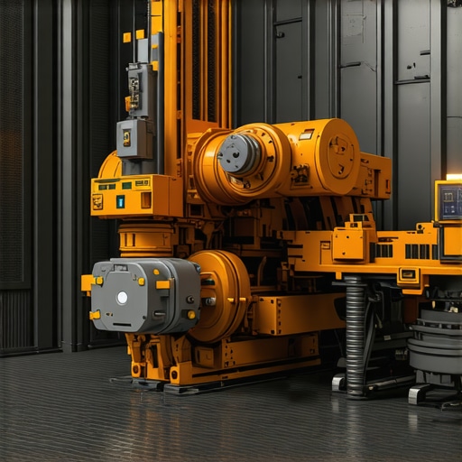 Futuristic underground drilling rig operated by autonomous robots with real-time data displays.
