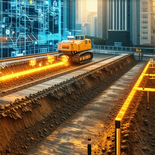Futuristic excavator with digital overlay and sensors in an urban construction site.