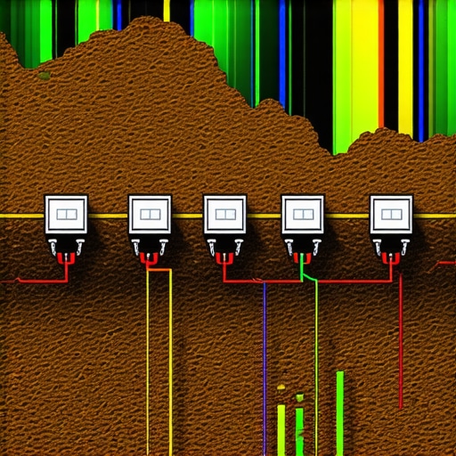 Sensors monitoring soil conditions underground with data display.