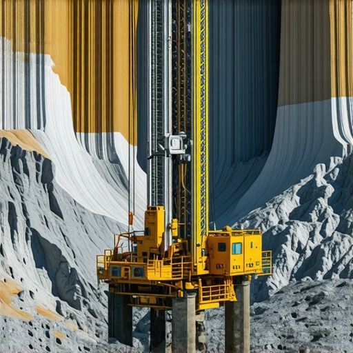 Modern drilling rig in rugged, fractured rock terrain with digital sensors monitoring operations