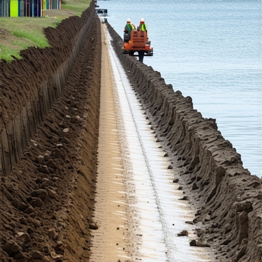 Engineers applying nano-stabilizers in deep trenching along a shoreline.