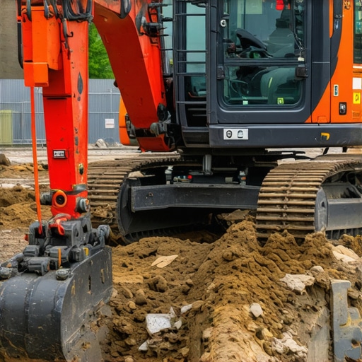 Excavator with sensors detecting underground utilities during trenching in a city