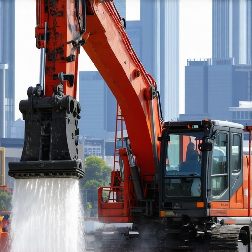Hydrovac machinery working on city utility project with skyline view