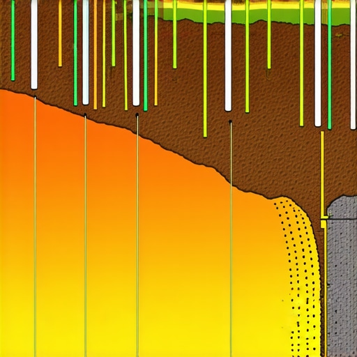 Diagram showing layered soil with sensors monitoring moisture levels at different depths, linked to computational analysis.