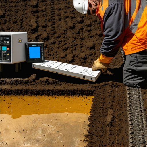 Engineer analyzing saturated soil layers using high-tech sensors during excavation.