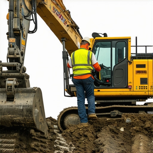Hydrovac technician deploying sensors and adjusting hydraulic controls on a trenching site in wet conditions.