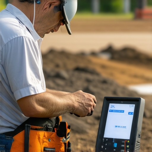 Technician measuring soil moisture and density with sensors on a construction site.