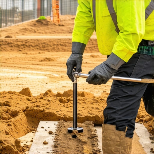 Geotechnical engineer conducting soil testing with portable equipment on a construction site