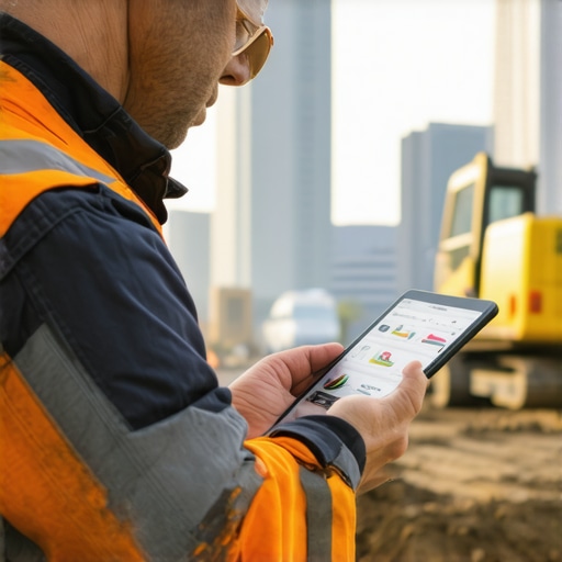 Engineer using digital tablet to assess soil conditions onsite