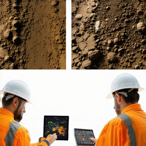Engineer analyzing soil model on a tablet with excavation equipment in the background.