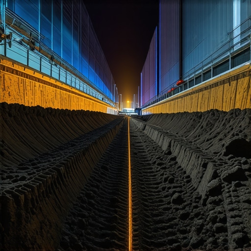 A futuristic underground trenching system with sensors and autonomous excavators working under city lights