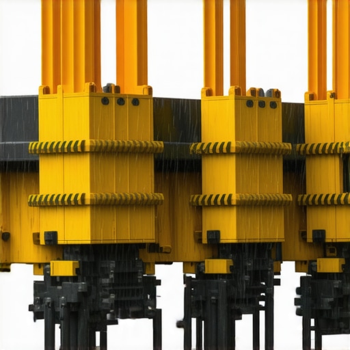 Adaptive Shoring System in Rainy Conditions A modern trench shoring setup with inflatable supports adjusting to saturated soil during rain.