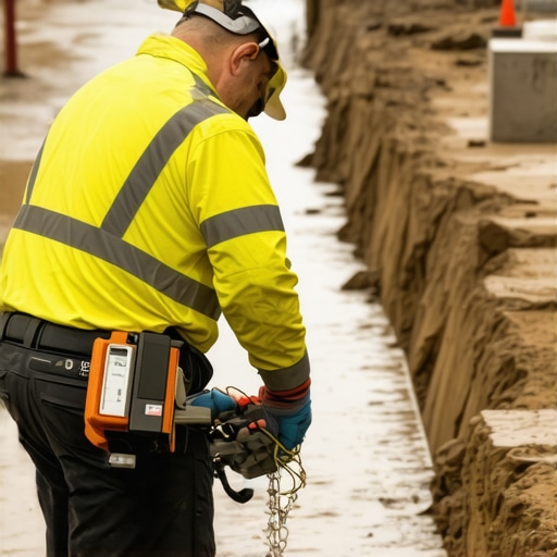Engineer using digital equipment to monitor soil stability during inclement weather