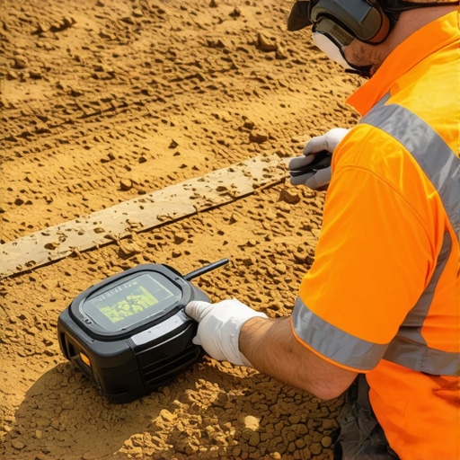 GPR Calibration in Varying Soils Engineer adjusting GPR equipment based on soil moisture and type.