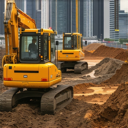 Illustration of a modern construction site featuring sensors and AI technology monitoring soil for runoff management