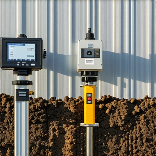Close-up of advanced soil moisture sensors measuring conditions during urban excavation