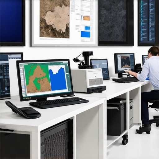 Technicians using soil analysis equipment in a high-tech geotechnical laboratory.